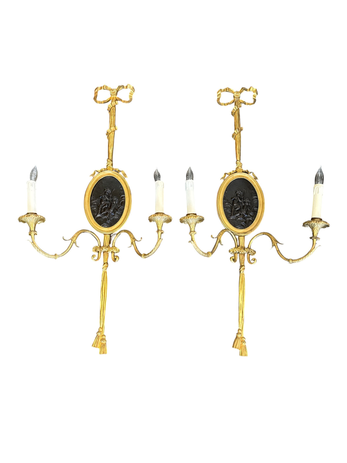 Pair Bronze Sconces with Bronze Cherub Plaques