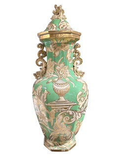 Antique Porcelain Vase Greenn Ground and Gold with Lid