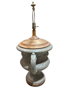 Pair Large Metal Lamps with Handles and Medallion Heads