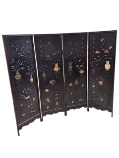 Antique Chinese Black Lacquered and Hard Stone Four Panel Folding Screen