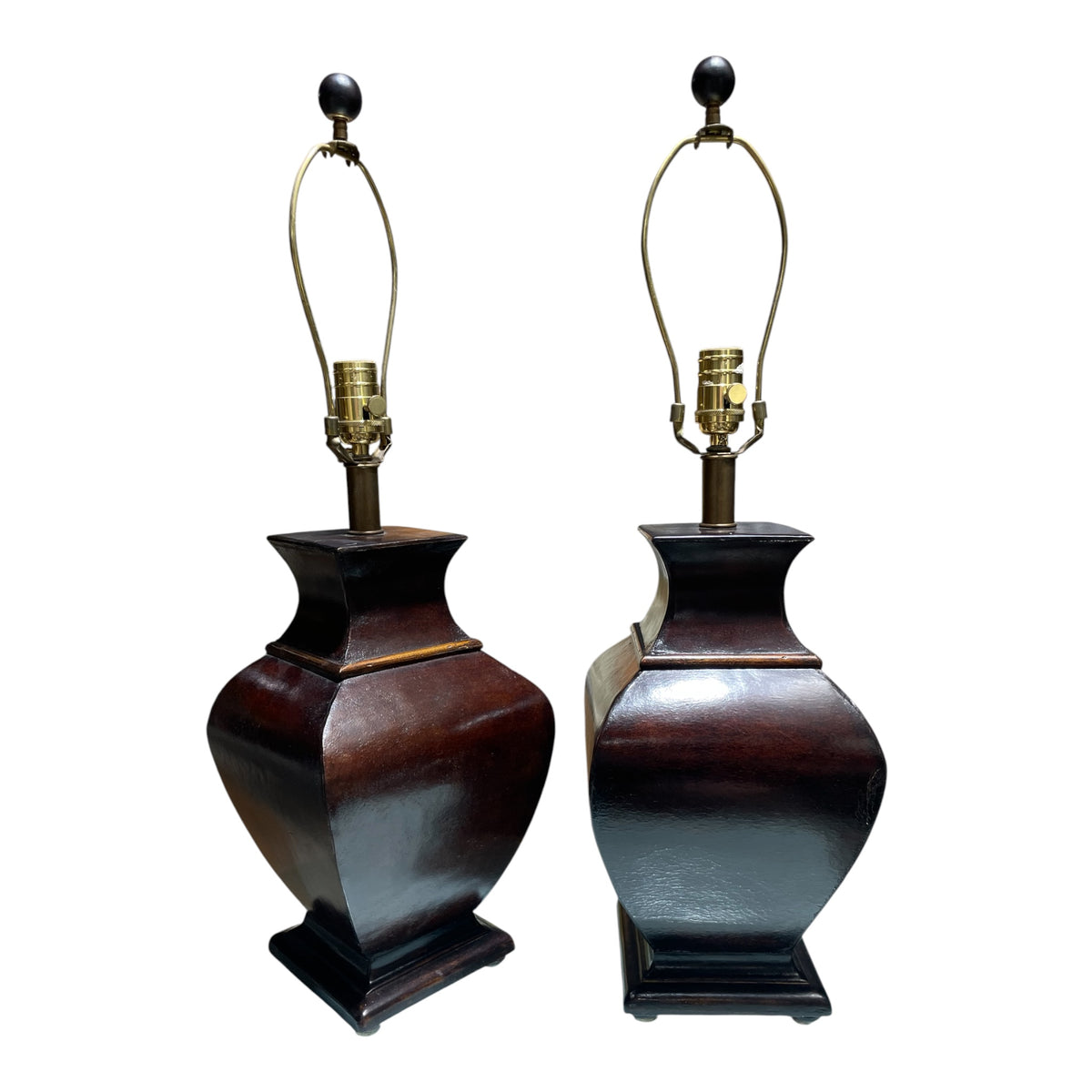 Pair Mid-Century Modern Brown Leather Table Lamps