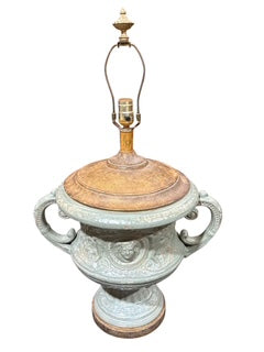 Pair Large Metal Lamps with Handles and Medallion Heads