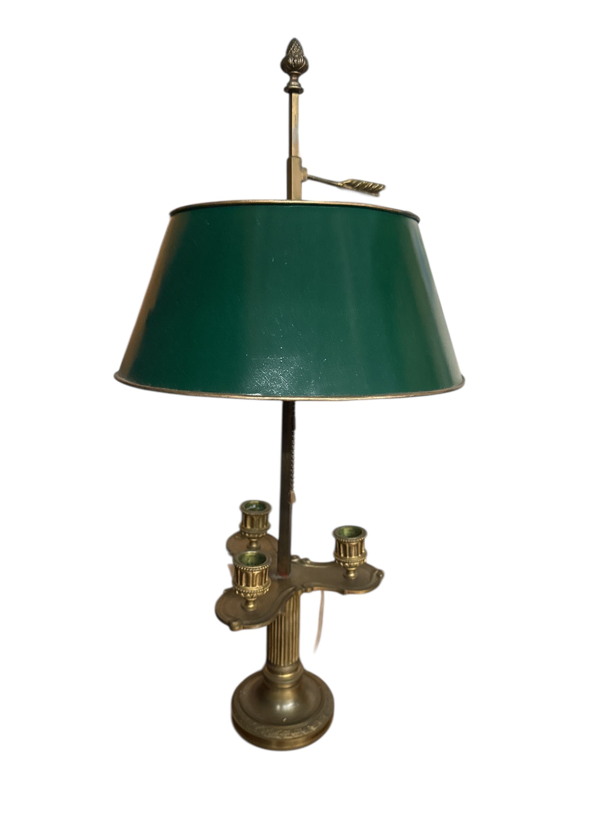 Brass French Three Candlelstick Bouillotte Lamp with Tole Shade