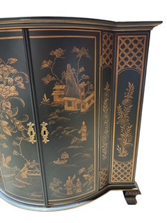 Painted Chinoiserie Landscape Scenes Gold Accent Cabinet