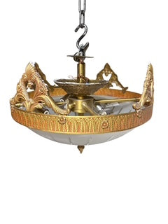 Three Gilt Metal Drop Frosted Glass Fixtures