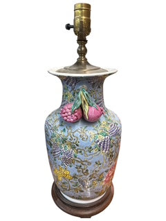 Pair Chinese Famille Jaune Style Pomegranate Lamps