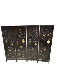 Antique Chinese Black Lacquered and Hard Stone Four Panel Folding Screen