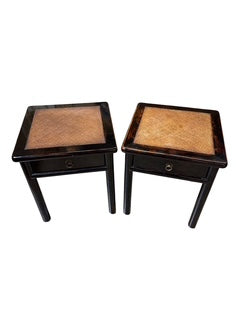 Pair Teak Square Chinese Style Side Tables with Ming Style Rattan