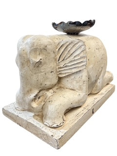 Pair Wood White Elephants  with Candle Holders