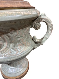Pair Large Metal Lamps with Handles and Medallion Heads