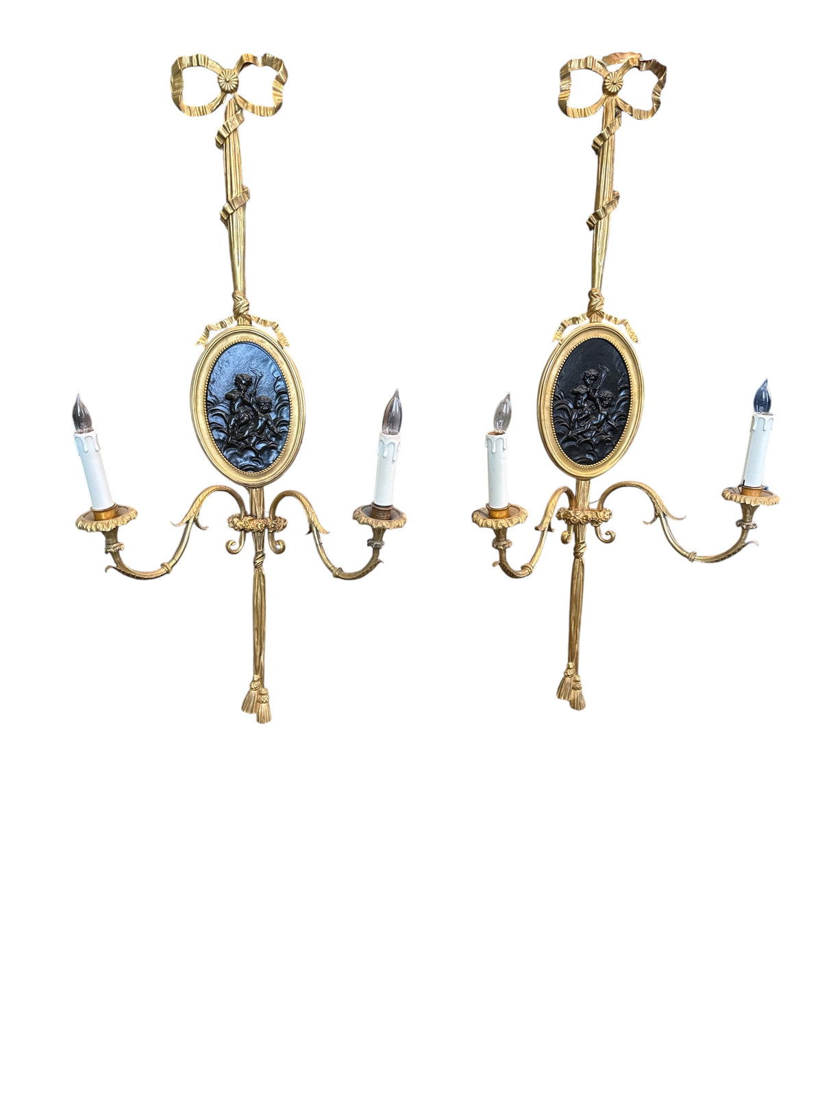 Pair Bronze Sconces with Bronze Cherub Plaques