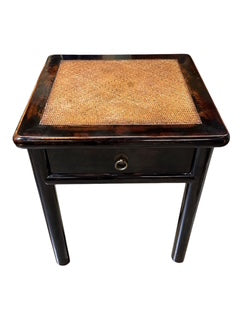 Pair Teak Square Chinese Style Side Tables with Ming Style Rattan