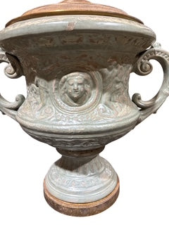 Pair Large Metal Lamps with Handles and Medallion Heads