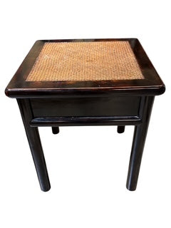 Pair Teak Square Chinese Style Side Tables with Ming Style Rattan