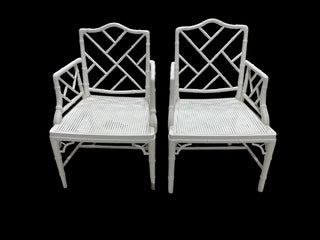 Pair White Bamboo Armchairs with Cane Seats