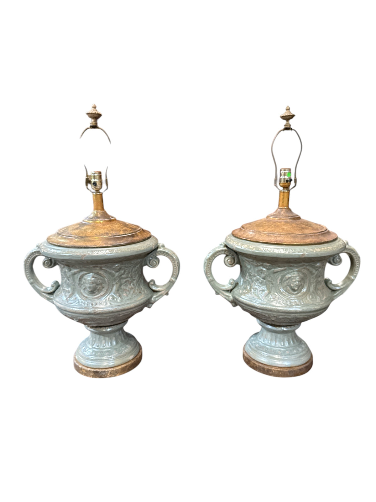 Pair Large Metal Lamps with Handles and Medallion Heads