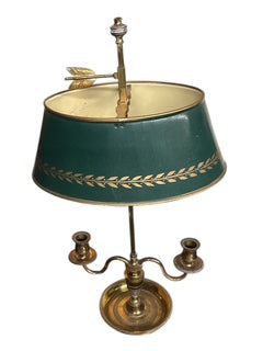 Brass French Bouillotte Two Candlestick Lamp With Tole Decorated Shade