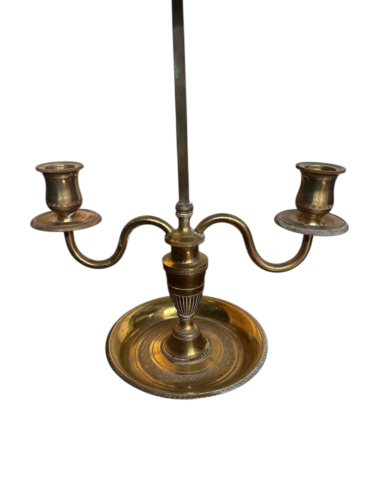 Brass French Bouillotte Two Candlestick Lamp With Tole Decorated Shade