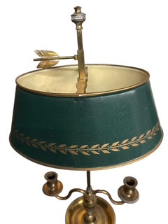 Brass French Bouillotte Two Candlestick Lamp With Tole Decorated Shade