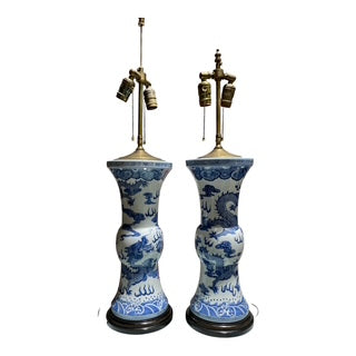 Pair Export Blue & White Vessel Lamps