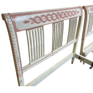 Pair Pink & White Carved Wood Twin Beds