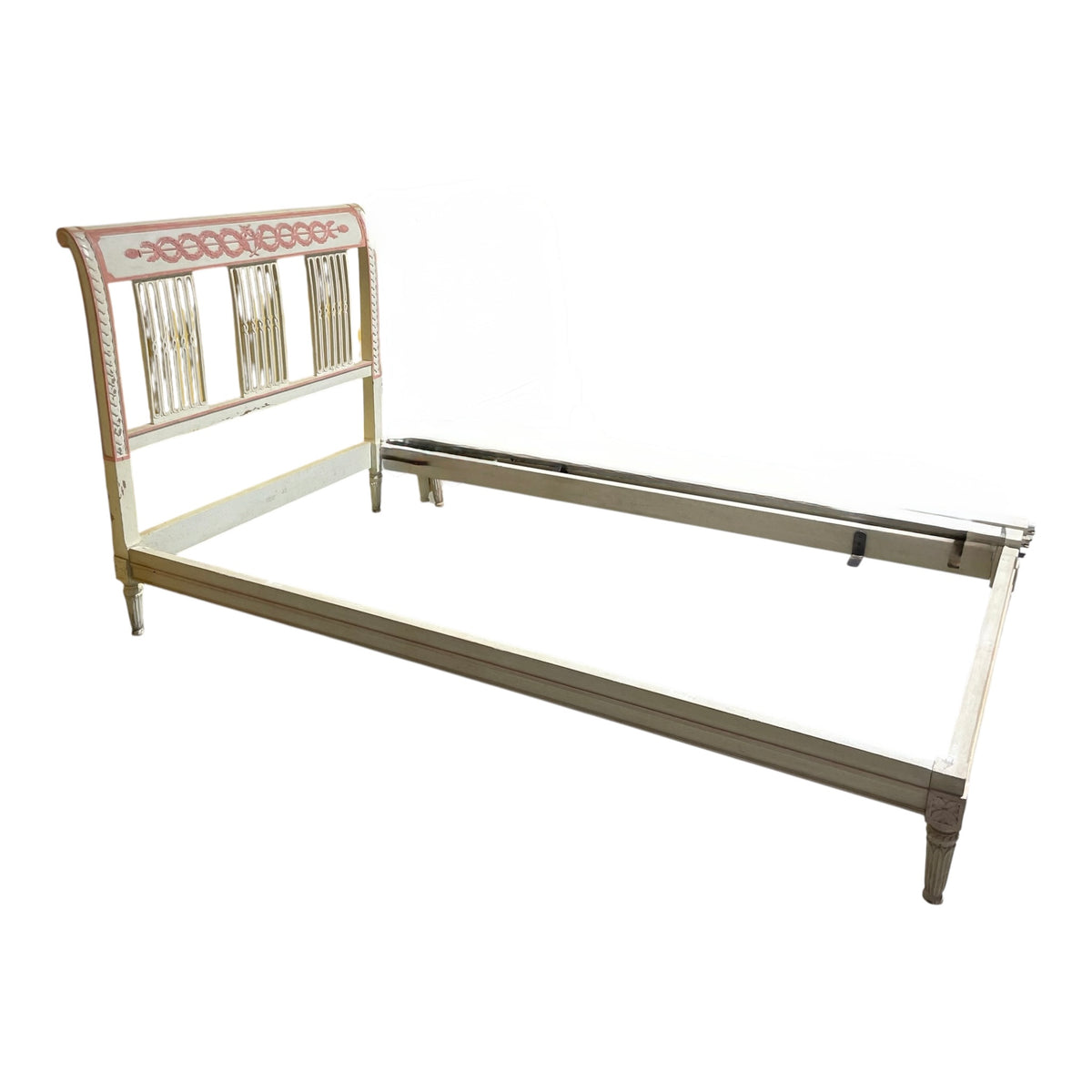 Pair Pink & White Carved Wood Twin Beds