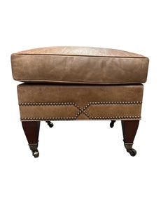 Brown Leather Footstool with Nail Head Trim