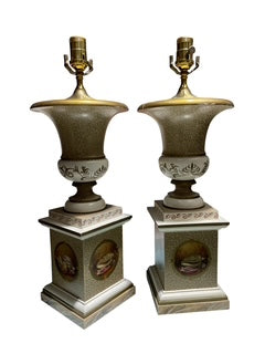 Pair Painted Metal or Tole Urn Lamps with Shells
