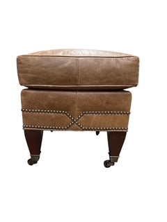 Brown Leather Footstool with Nail Head Trim
