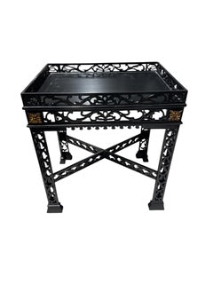 Pair Chinese Chippendale Black Painted Tea Tables with Gold Accent