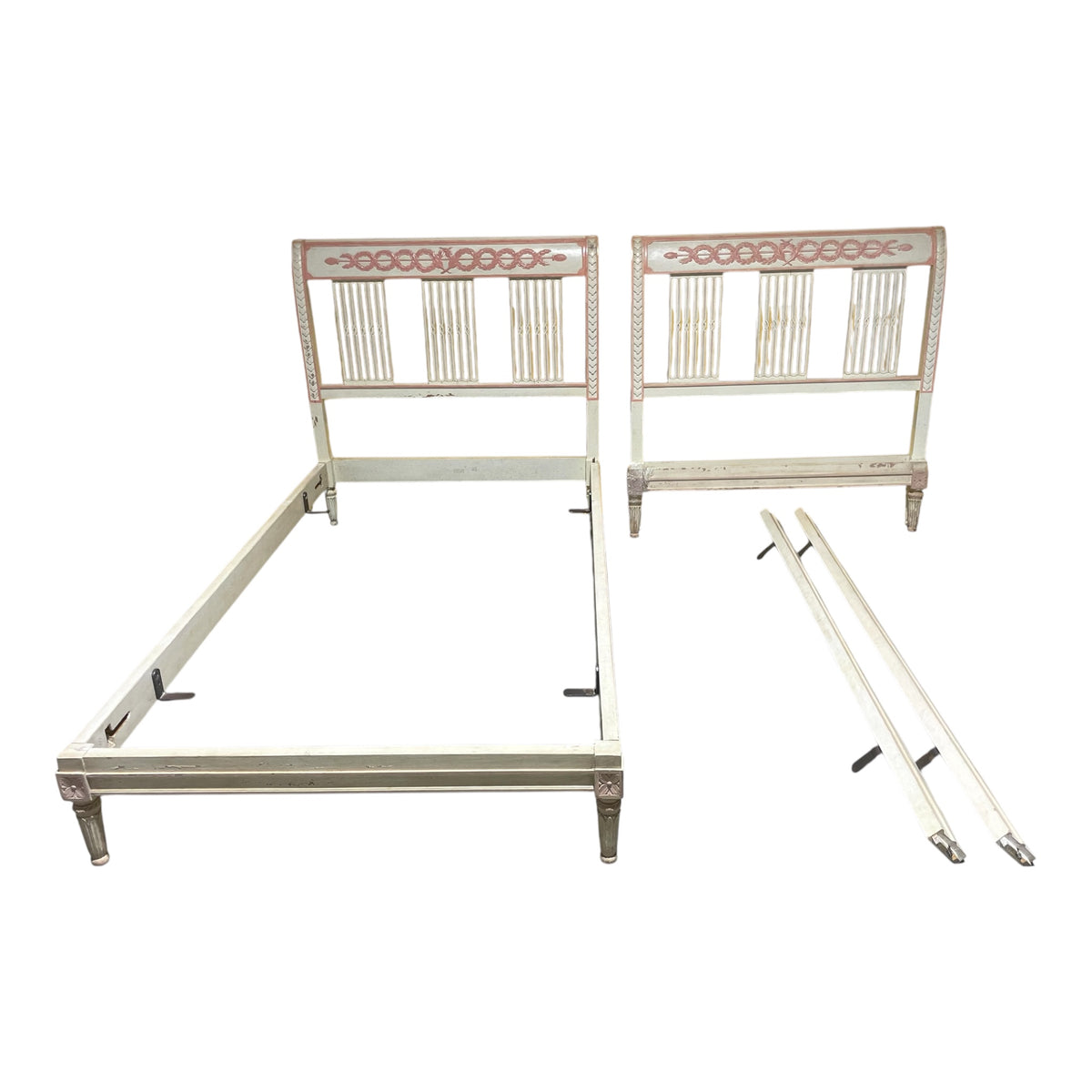 Pair Pink & White Carved Wood Twin Beds