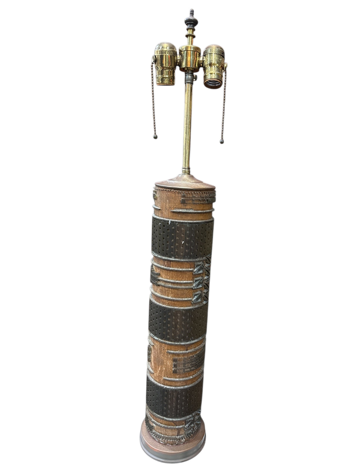 Heavy Cylindrical Brutalist Style Wood & Metal Lamp