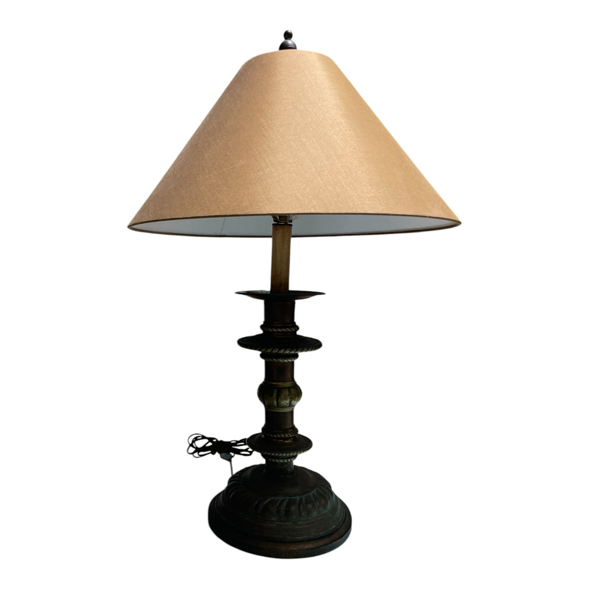 Pair Tole Candlestick Lamps in Shades of Bronze and Brass