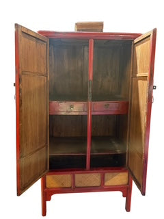 Red Asian Cabinet with Woven Front Doors