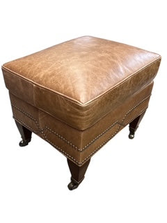 Brown Leather Footstool with Nail Head Trim