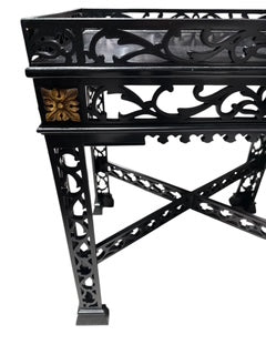 Pair Chinese Chippendale Black Painted Tea Tables with Gold Accent