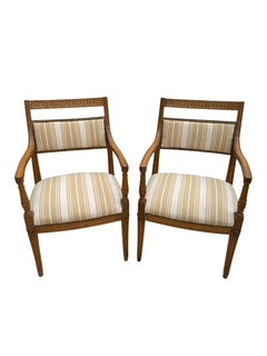 Pair Greek Key Design Carved Wood Arm Chairs