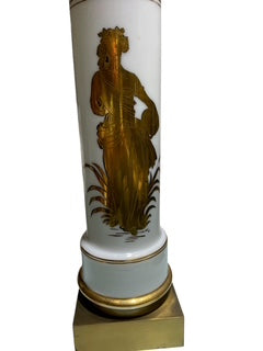Vintage White Glass Cylinder Lamp w/Gold Greek Figure