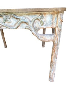 Games/Breakfast Table with Carved Wood Faux Bois Style Base with Hard Surface Top