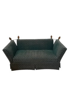 Two Vintage Green Ratchet Form Settees with Pine Finials by Baker
