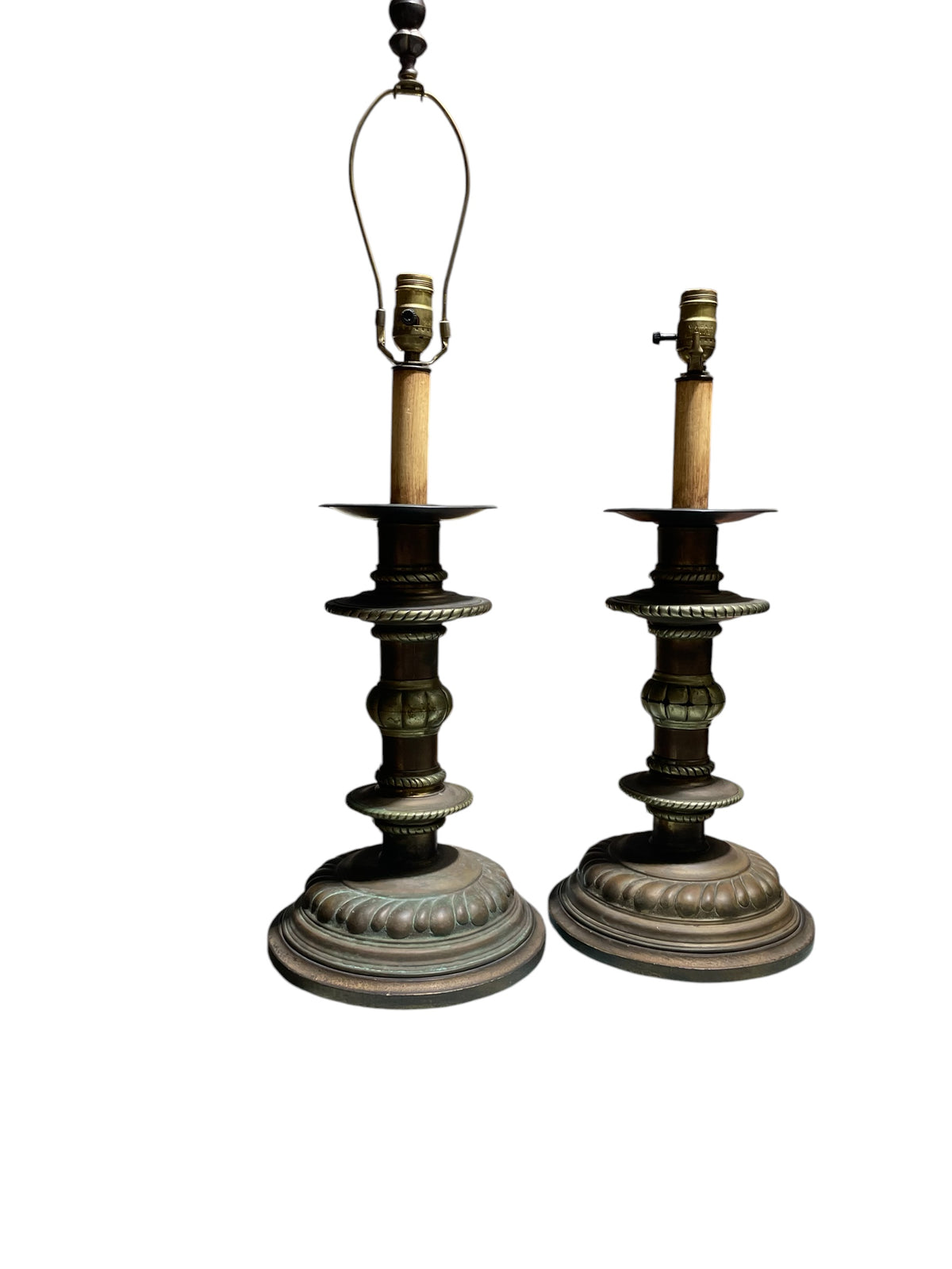 Pair Tole Candlestick Lamps in Shades of Bronze and Brass