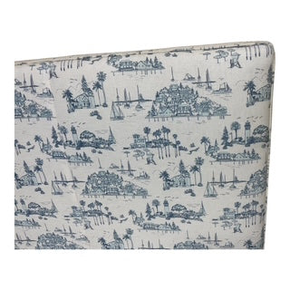 Blue and White Island Beach Print Fabric King Platform Bed