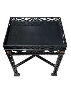 Pair Chinese Chippendale Black Painted Tea Tables with Gold Accent