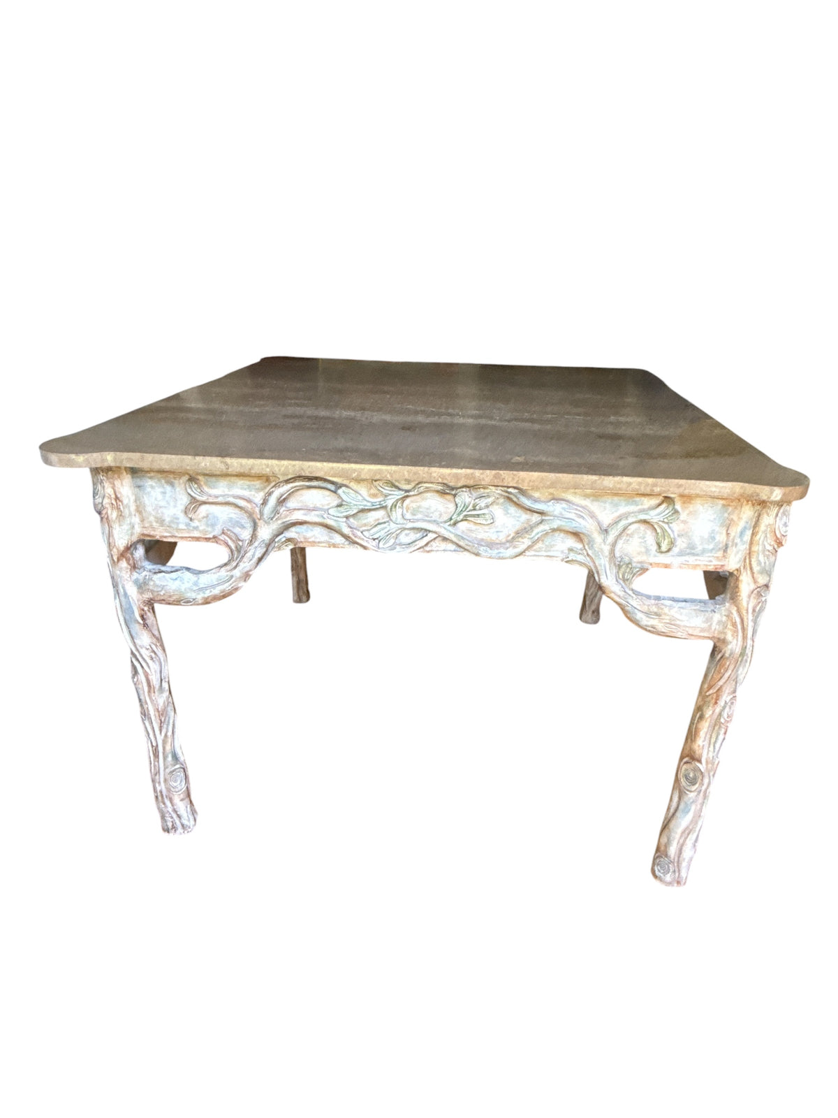 Games/Breakfast Table with Carved Wood Faux Bois Style Base with Hard Surface Top