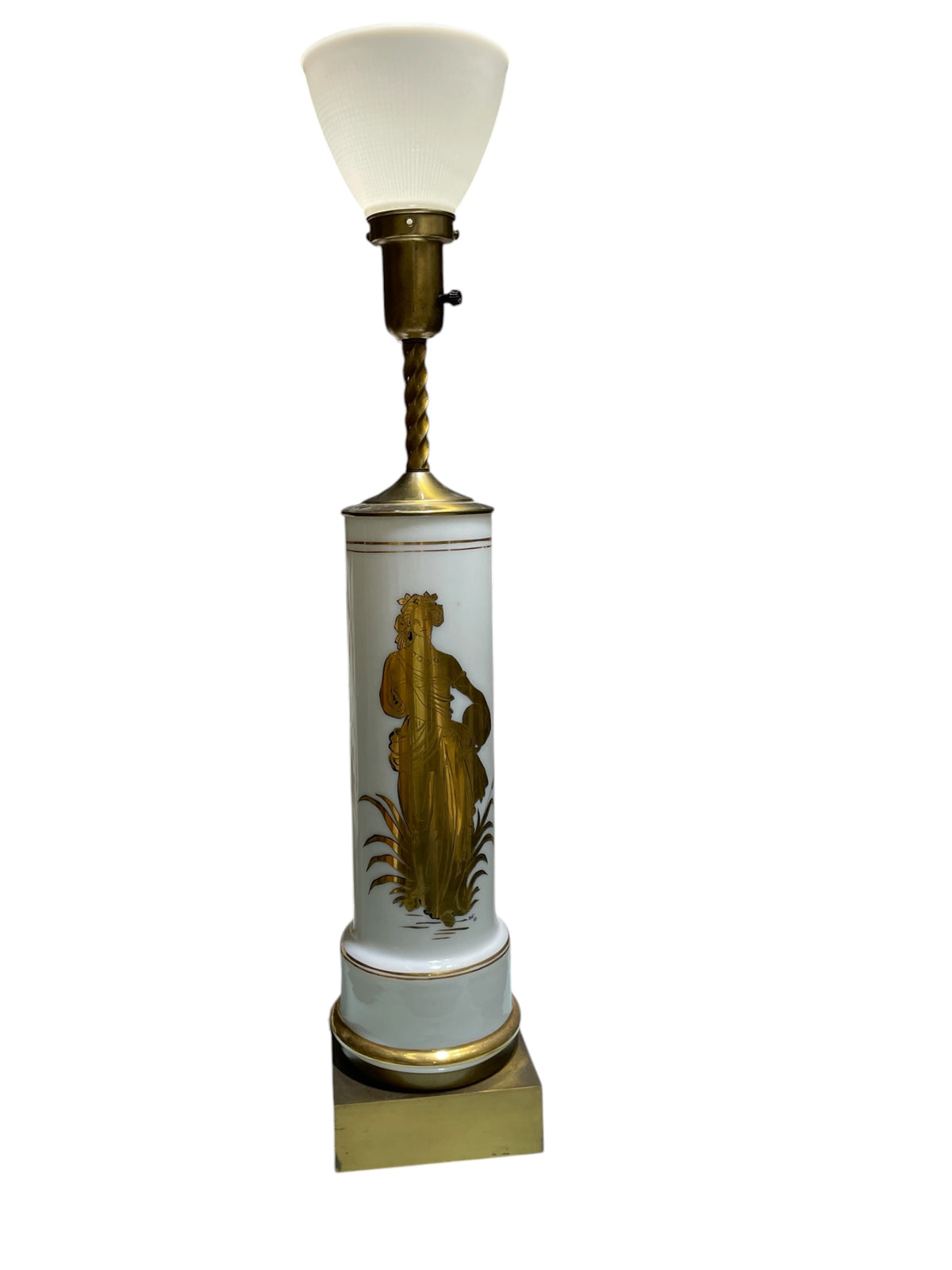 Vintage White Glass Cylinder Lamp w/Gold Greek Figure