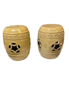 Two Mustard Color Glazed Ceramic Garden Seats