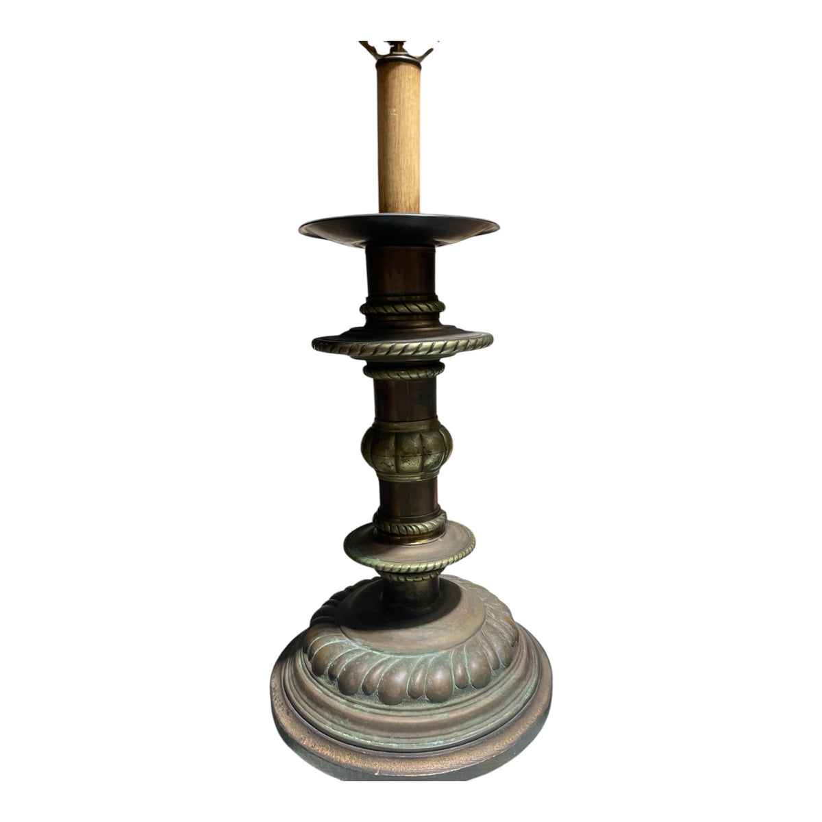 Pair Tole Candlestick Lamps in Shades of Bronze and Brass