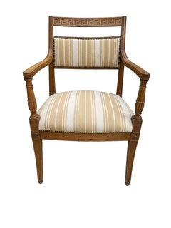 Pair Greek Key Design Carved Wood Arm Chairs