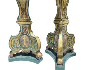 Pair Antique Hand Painted Tole Altar Candle Stick Lamps
