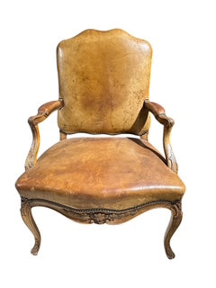 French Carved Wood and Leather Armchair